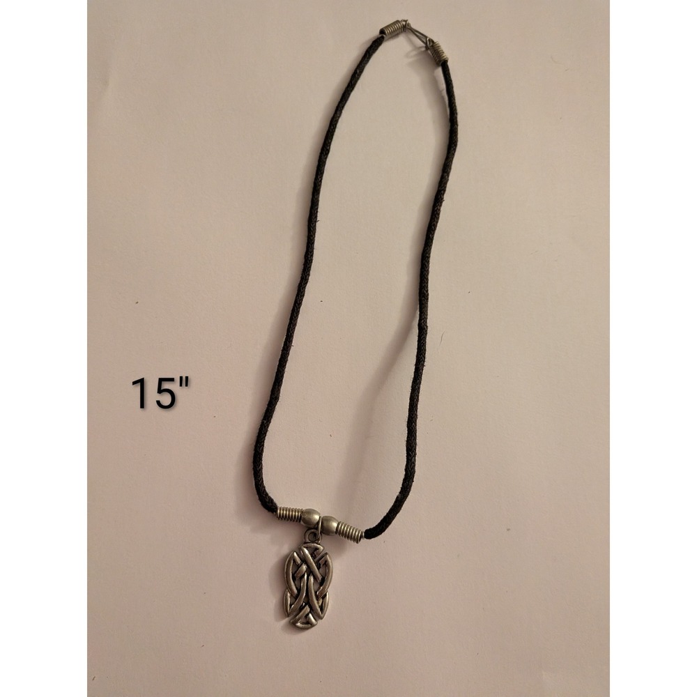 Vintage Celtic Knot Pendant Necklace Black Cord Silver Tone Gothic Boho 15‎ Inch